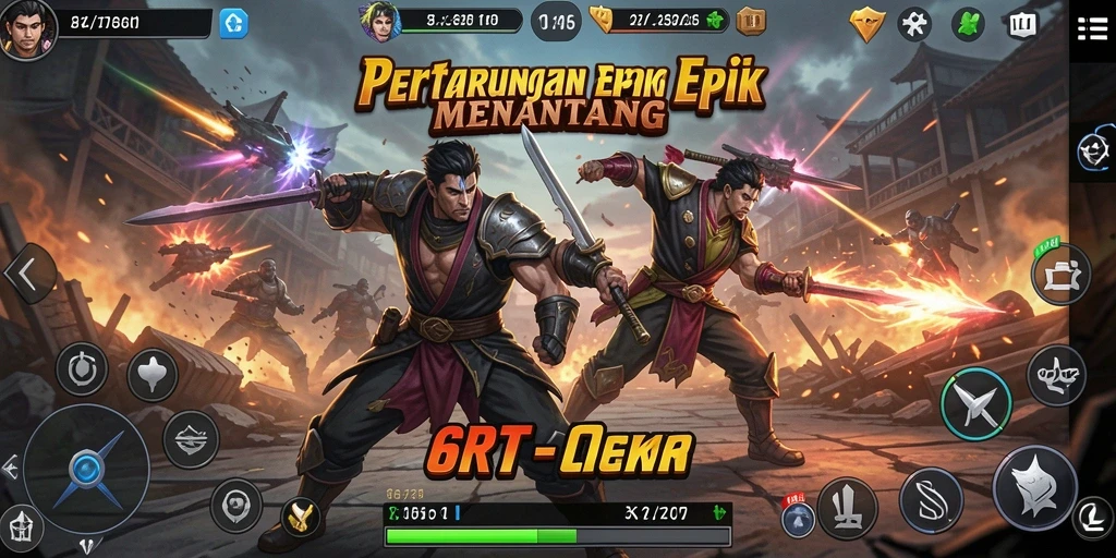 Tampilan gameplay 6RT dengan duel karakter yang intens.