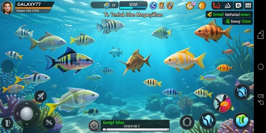 Screenshot utama GALAXY77 menampilkan aksi seru berburu ikan.