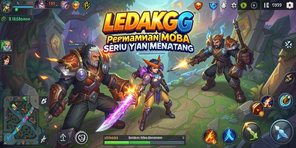 Tangkapan layar gameplay LEDAKGG menunjukkan pertarungan epik antar karakter MOBA.